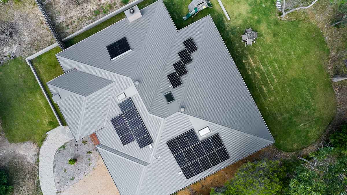 birds eye view of solar rooftop panels