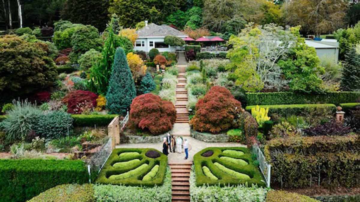 Aerial view of the manicured gardens at Cloudehill in Olinda, Dandenong Ranges