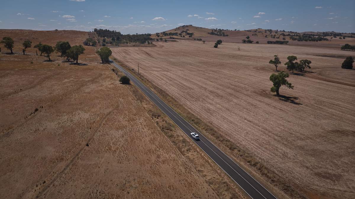 white car driving along a road bordered by dry fields