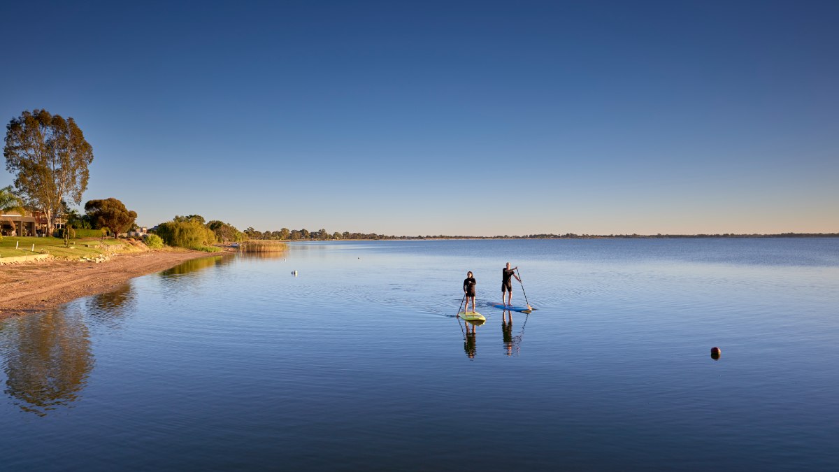two paddleboarders on a flat blue lake bordered by red soil and gum trees