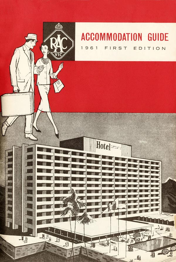 Cover detail of the RACV Accommodation Guide, 1961 edition, portraying an illustration of a couple and a hotel building.