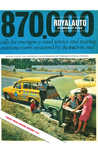Cover detail of The RoyalAuto Magazine, February 1968 edition, showing a patrolman assisting a family with their car parked on the roadside.