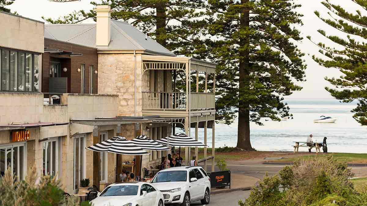View of historic shops and street leading to Sorrento beach on the Mornington Peninsula
