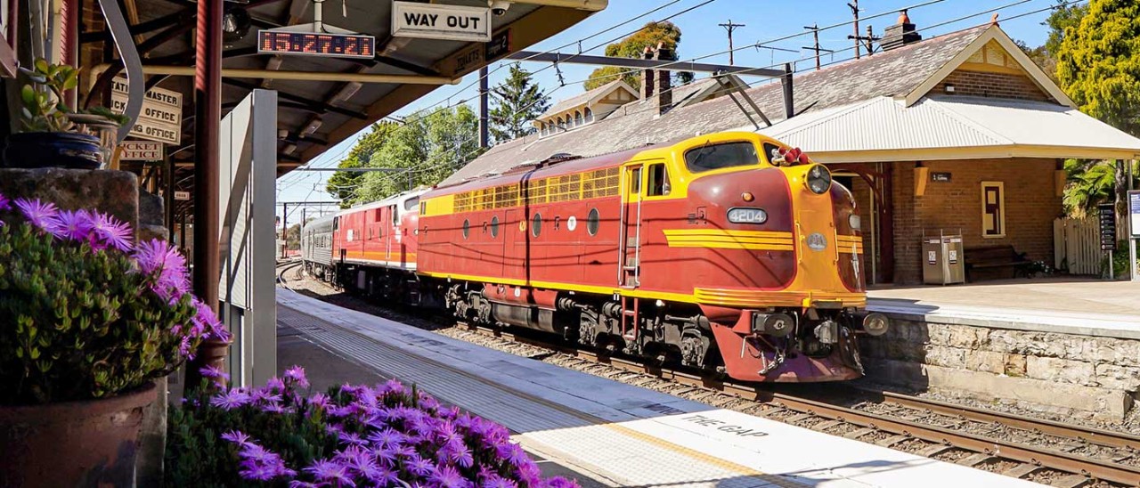 Vintage train at historic station in NSW.