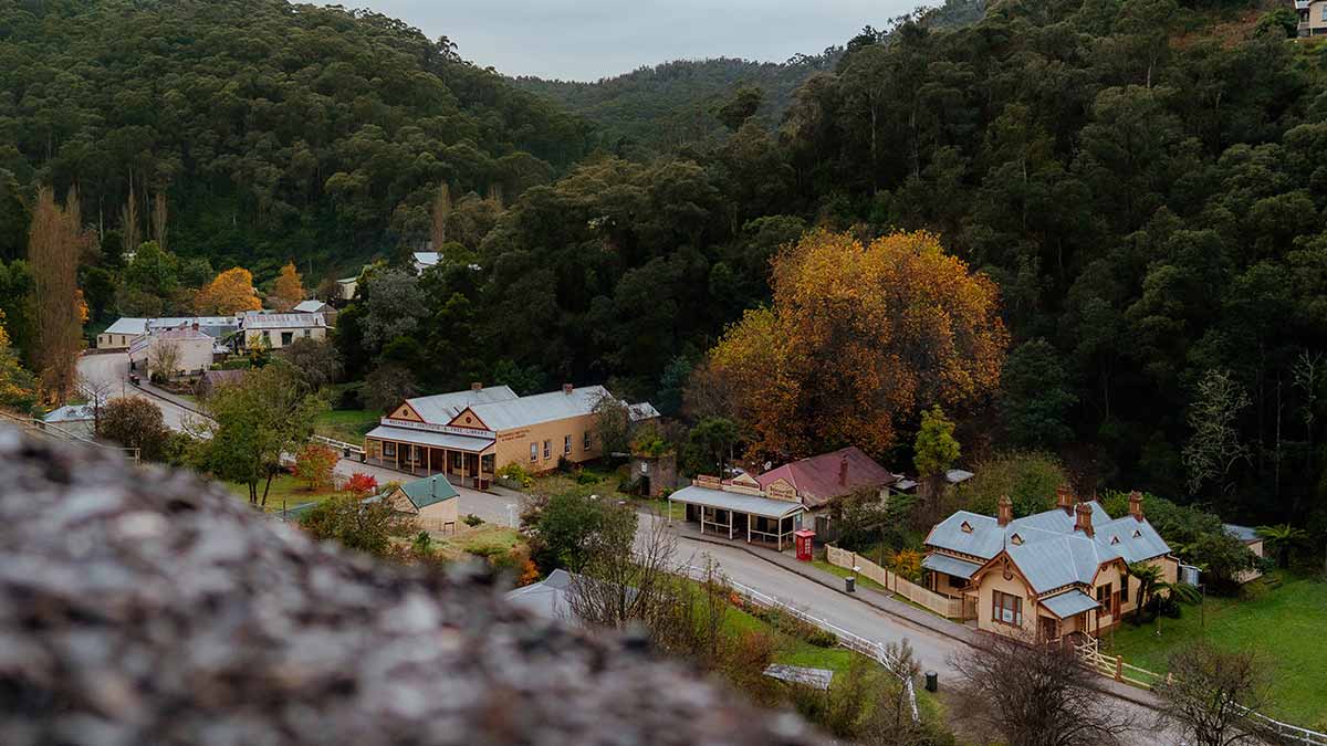 Aerial view of the gold rush town of Walhalla in Victoria