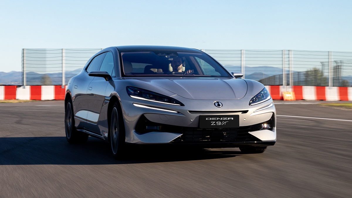 Light grey Denza Z9 GT sports EV dynamic testing on racetrack.