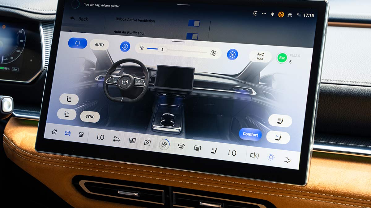 14.6-inch central touchscreen display on Mazda 6e showing climate controls.