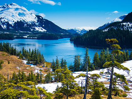 Snow melts slowly from the mountains as spring approaches at the end of May in south-central Alaska