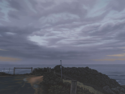 Oil on linen painting of a dark stormy clouds covering the sky at a lookout viewing the ocean.