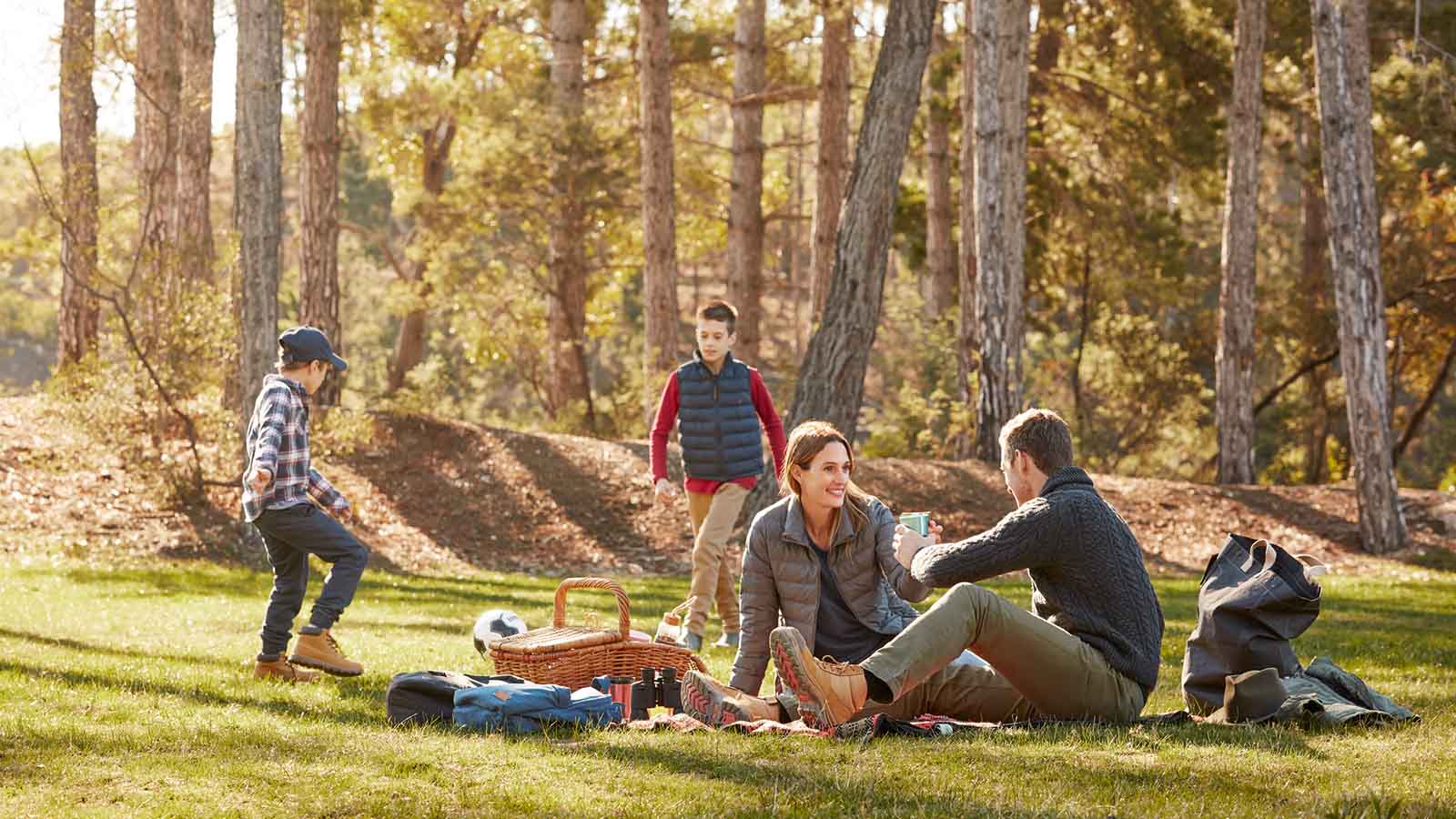 Family having a picnic in the Australian countryside, the parents are talking on the picnic blanket while their sons kick a soccer ball.