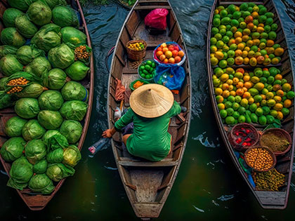 Floating fruit and vegetable market in Thailand - birds-eye view of three long boats filled with fruit and vegetables.