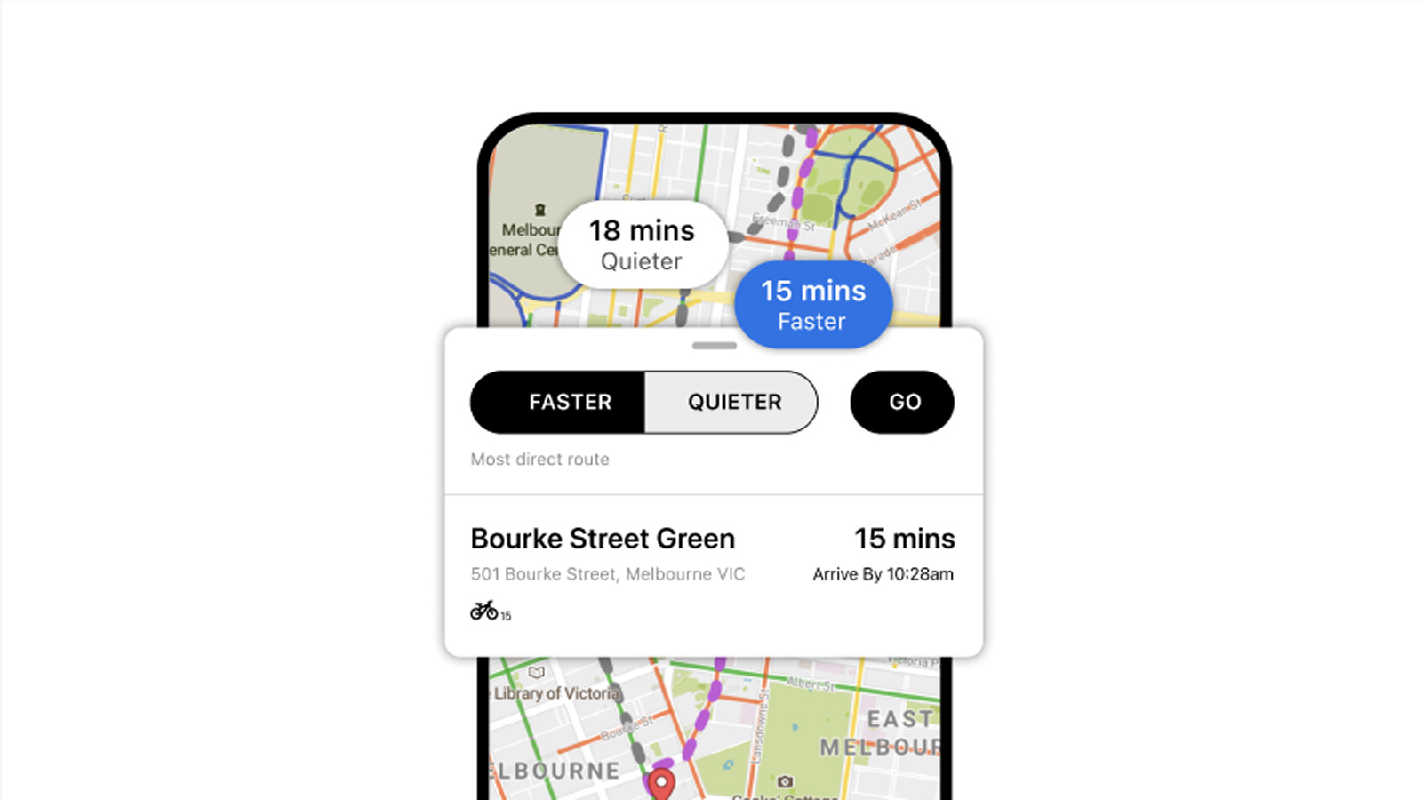 A phone displaying the Arevo app with a map showing a route and estimated time.
