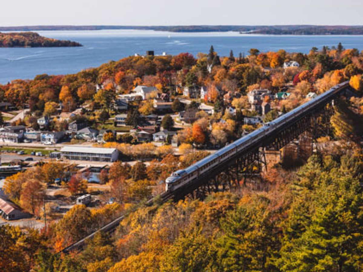 Long train moving overhead a small town in Canada during Autumn