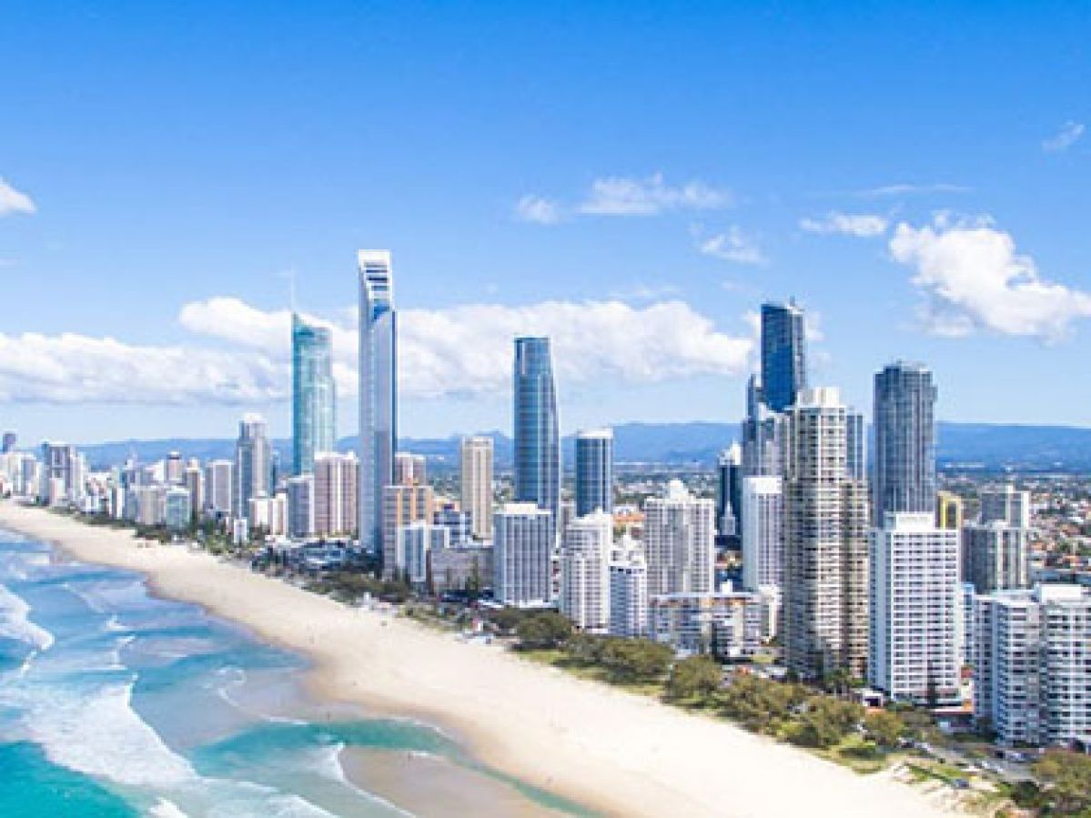 Image of the Gold Coast in Queensland, Australia, showing the city along the beach.