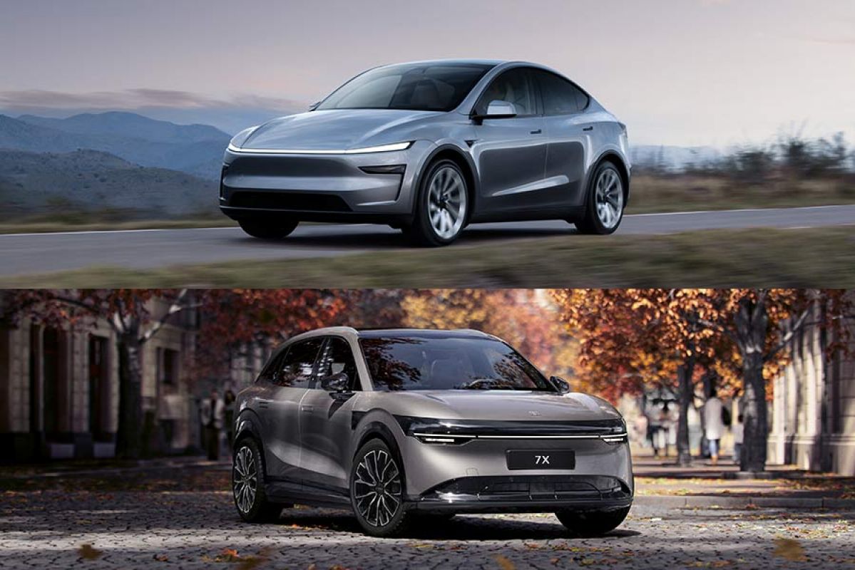 Blue-grey Tesla Model Y electric SUV on mountain road and grey Zeekr 7X parked on tree-lined cobblestone street with autumn leaves.