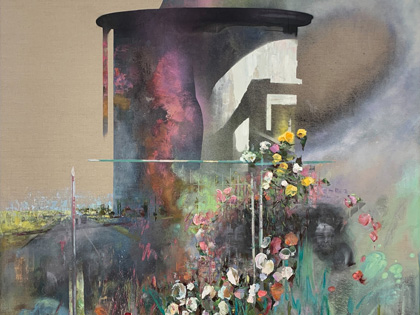 A painting with pastel colours that appears to be a silo, flowers and a road .