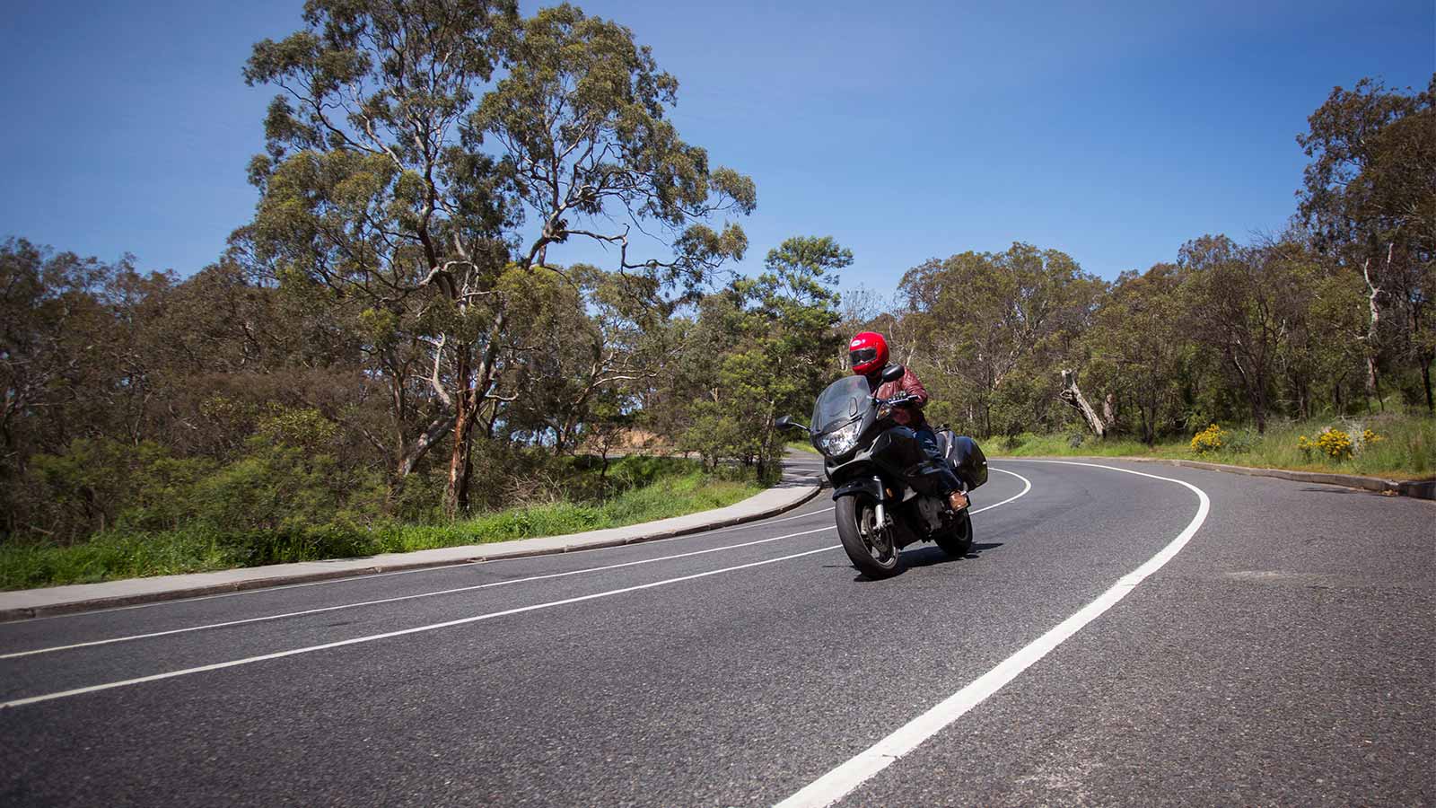 Motorcyclist riding down a windy road in a red helmet and racing suit.