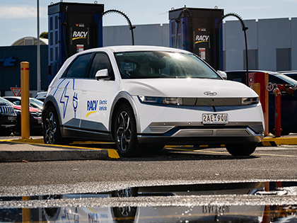 RACV Electric vehicle being charged at the Charge Fox Airport West charging station. 