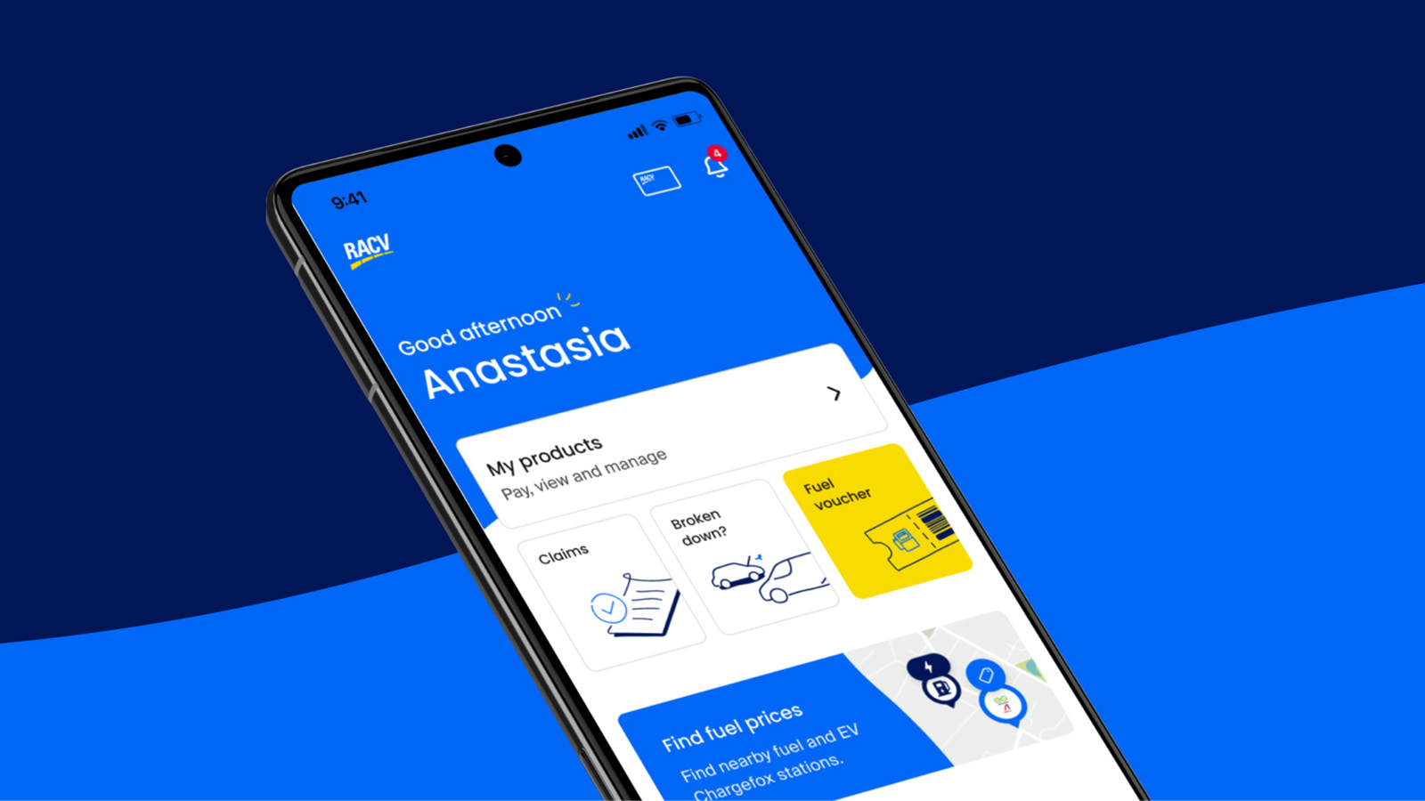 Image of the welcome screen of the RACV app on a mobile phone.