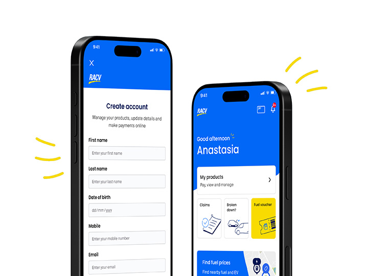 Image showing the welcome and 'create account' screens of the RACV App.