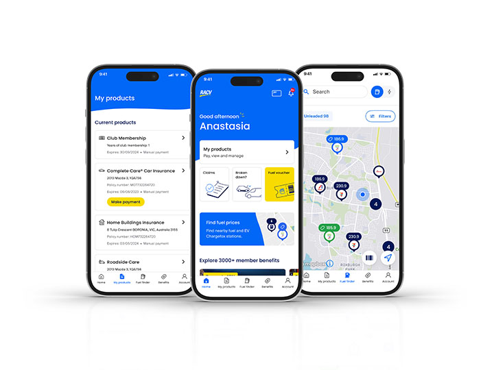 Image of RACV app mobile screens, including home screen, fuel finder map and product list.