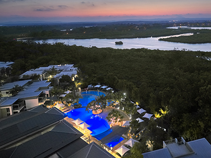 RACV Noosa Resort at dusk.