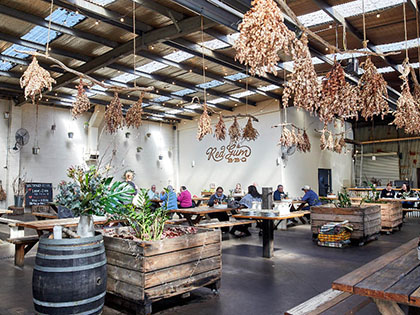 Image of warehouse-style restaurant with long tables and branches hanging from the ceiling.