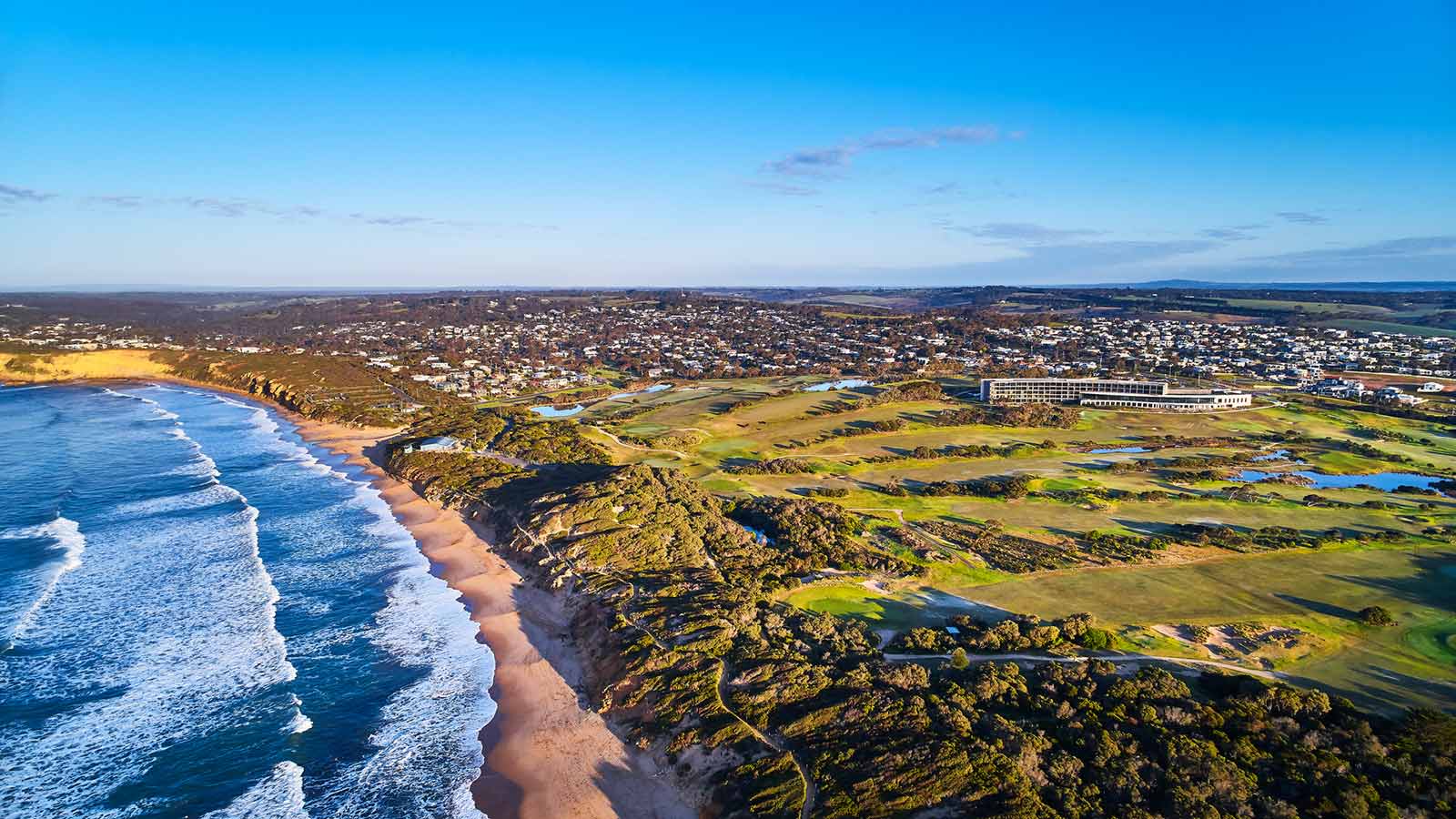 Aerial view of Torquay Surf Coast beaches.