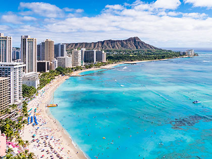 Aerial view of Waikiki Beach in Hawaii.