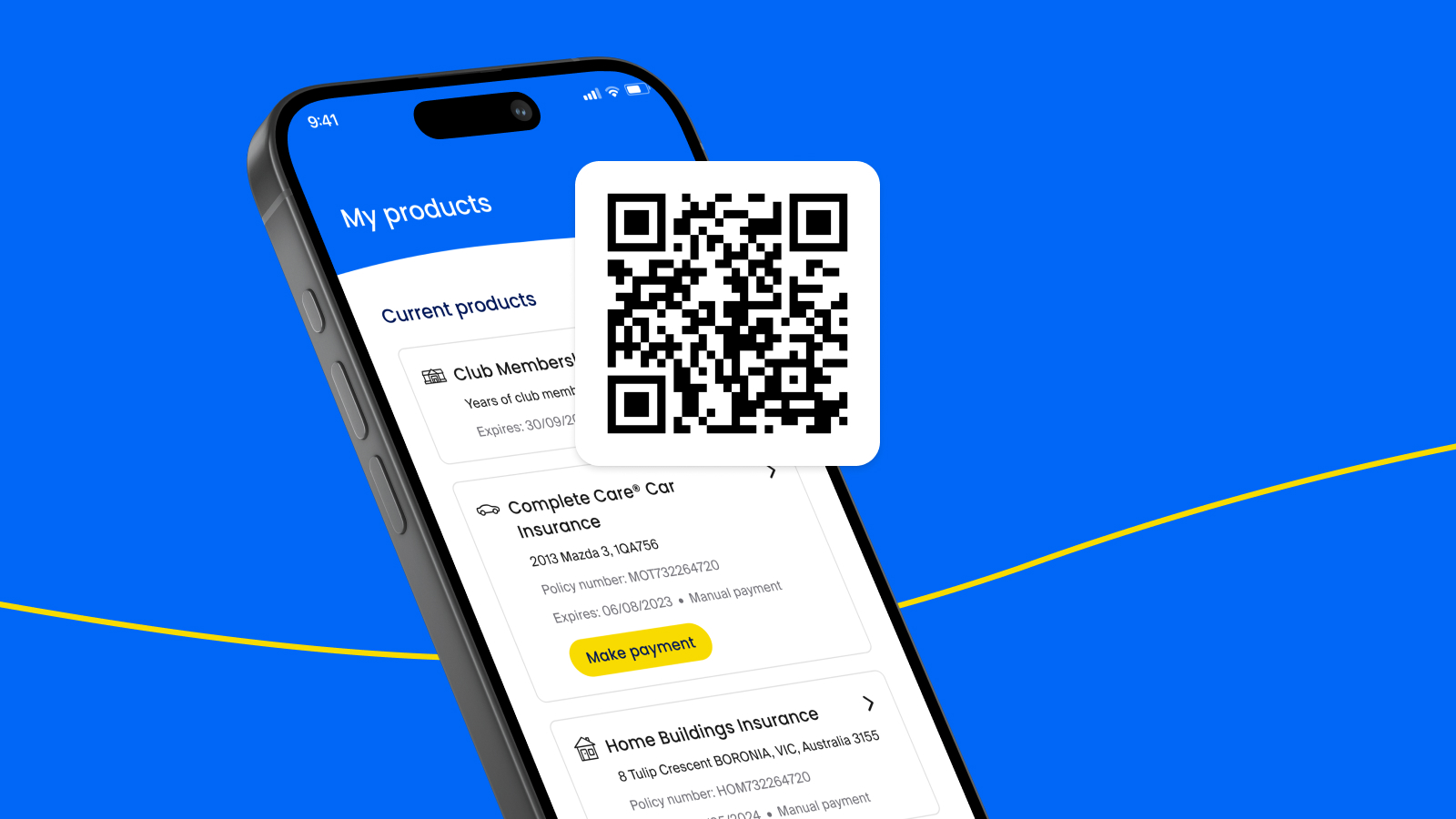 QR code overlayed with graphic of the RACV app showing the "My products" screen. 