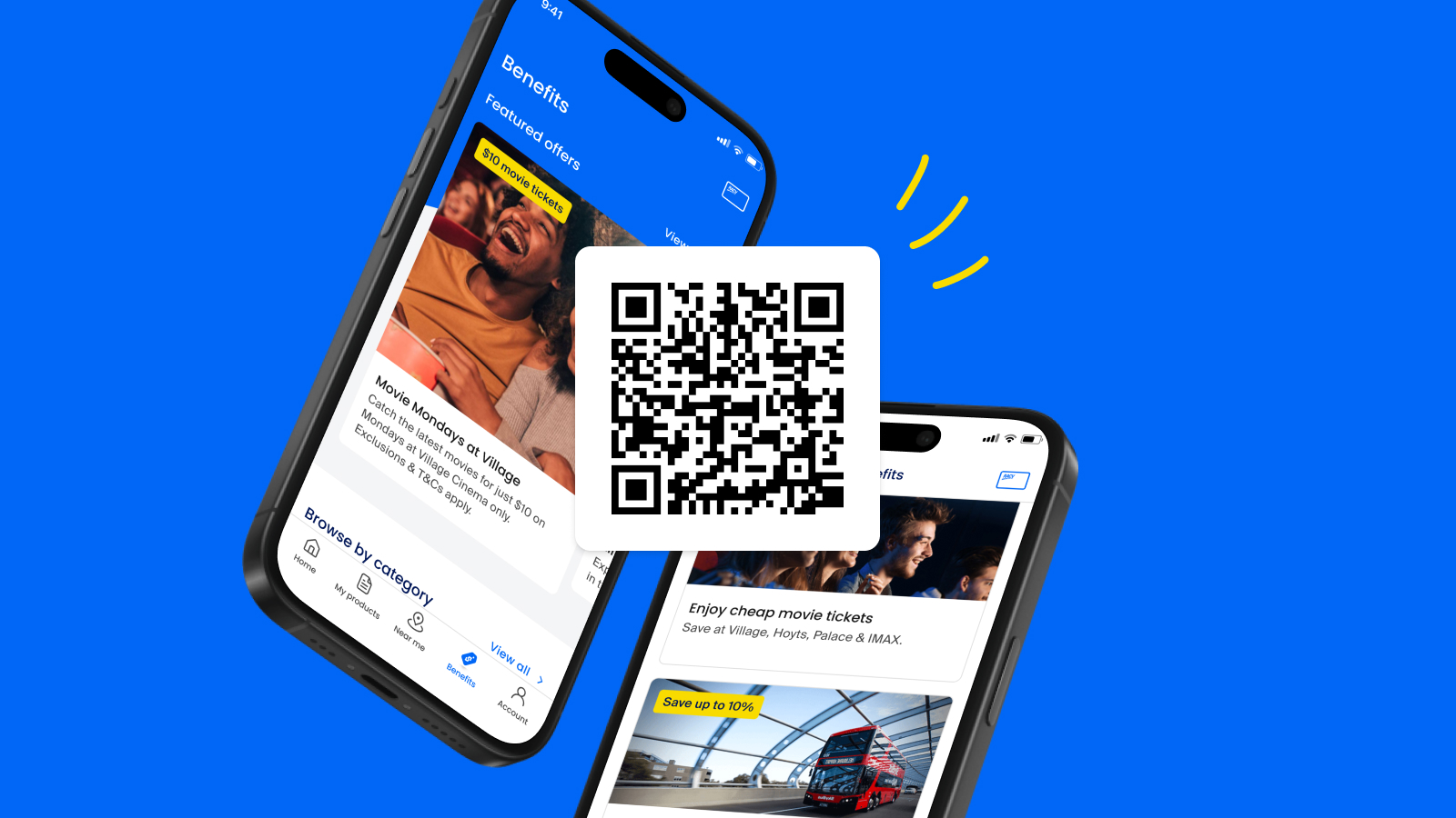 QR code overlayed with graphics of the RACV app showing the member benefits screen. 